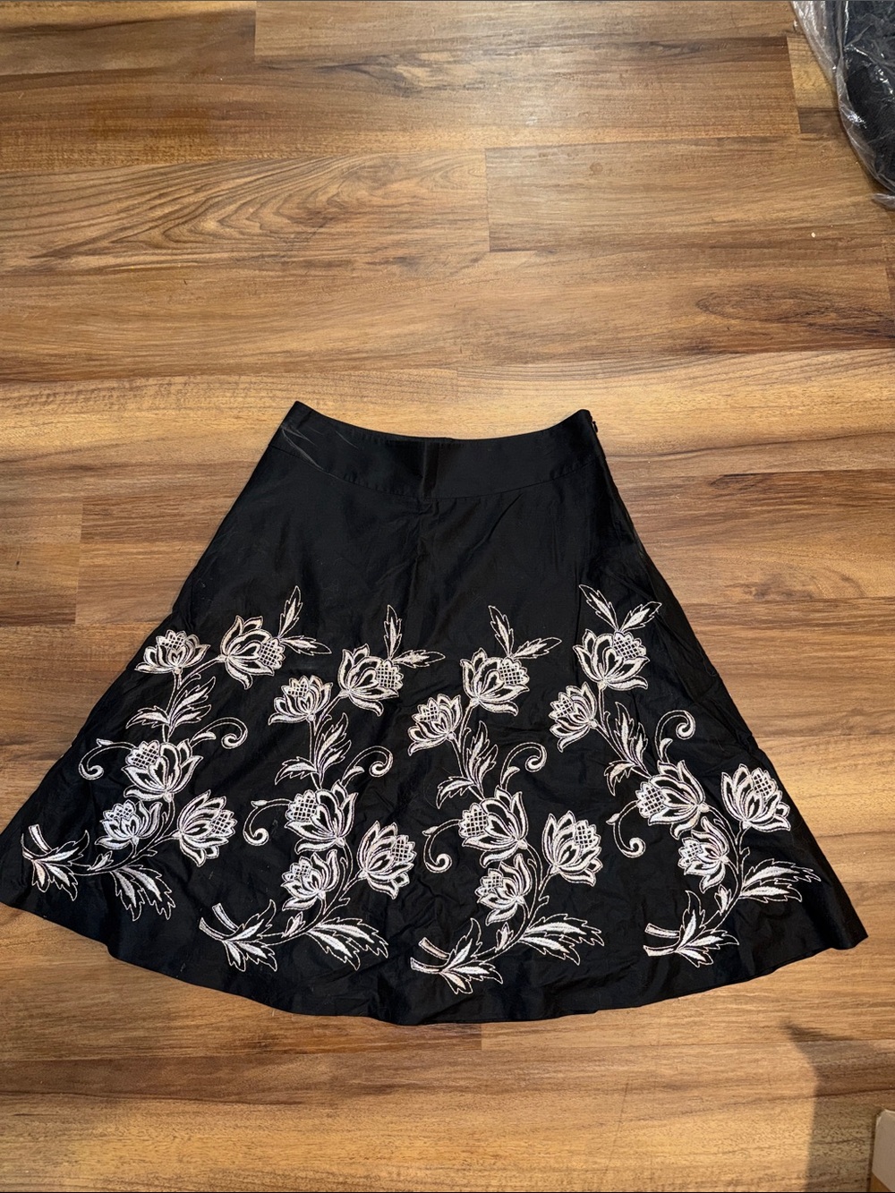 LOFT Black A-Line Skirt with White Floral Embroidery